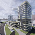 Modern Commercial Complex With Multi Story Design Glass Curtain Walls And Green Lawns In Urban