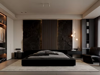 Modern Luxury Bedroom Interior Design With Large Bed And Pendant Lights 3d model