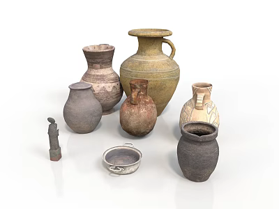 Collection of Ceramic Vases and Earthenware Pots with Small Statue and Decorative Bowl 3d model