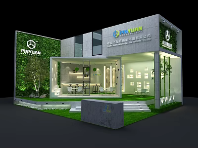 POYMAN Modern Exhibition Booth with Green Plant Walls Glass Curtain and Illuminated Interior Display Area 3d model