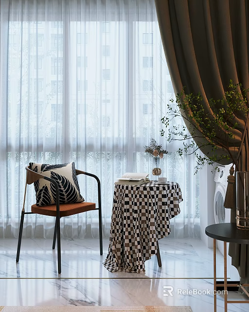 Stylish Table Chair Set With Checkered Cloth Leaf Pillow Green Plant And Window Curtains 3d model 
