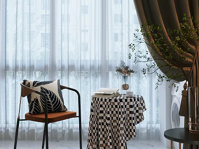 Stylish Table Chair Set With Checkered Cloth Leaf Pillow Green Plant And Window Curtains 3d model