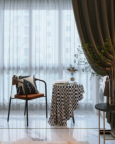 Stylish Table Chair Set With Checkered Cloth Leaf Pillow Green Plant And Window Curtains 3d model