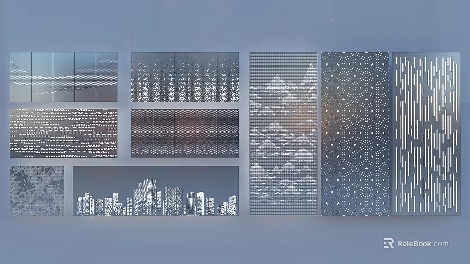 Modern Decorative Architectural Panels With Various Patterns Geometric Textures And Urban Silhouette 3d model 