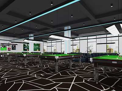 Modern Billiard Room Interior With Multiple Green Tables Ceiling Lights And Geometric Flooring 3d model