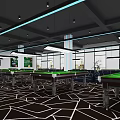 Modern Billiard Room Interior With Multiple Green Tables Ceiling Lights And Geometric Flooring 3d model