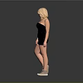 Blonde Woman With Tattoo In Black Strapless Short Dress And Sneakers On Gray Background