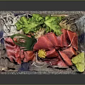 Fresh Red Sashimi on Transparent Square Plate with Green Garnish Yellow Flower and Side Dishes