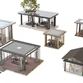 Modern Garden Landscape Design With Various Pavilions Glass Roofs Wooden Structures And Trees