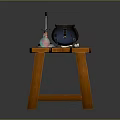Wooden Table Display With Balance Scale Copper Pot Small Bottles And Spoon