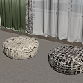 Round Upholstered Stools With Black And White Patterns On Carpet With Curtains Background 3d model