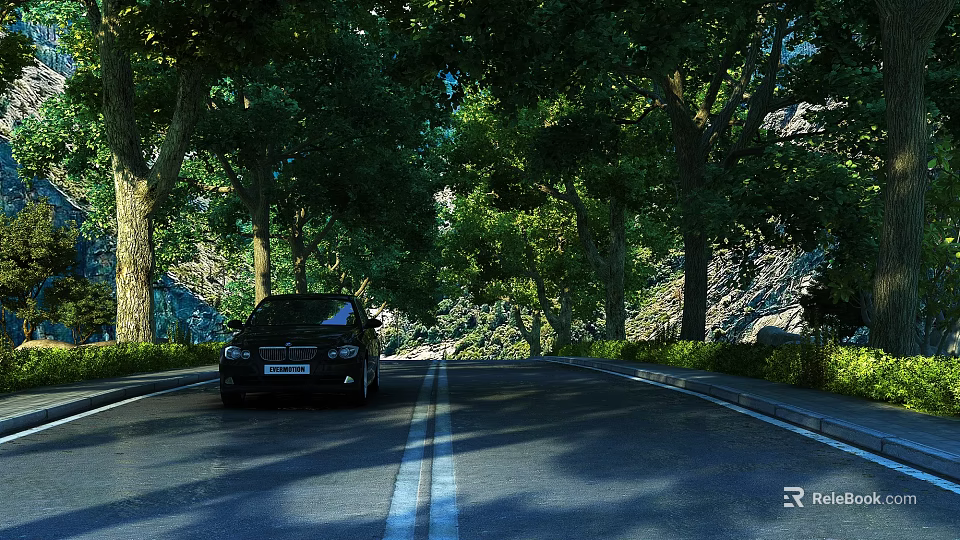 Charming Tree Lined Asphalt Road Scenery With Dappled Sunlight Beneath Lush Green Summer Tree Canopy 3d model 