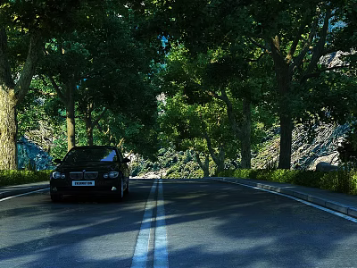 Charming Tree Lined Asphalt Road Scenery With Dappled Sunlight Beneath Lush Green Summer Tree Canopy 3d model