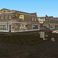 Old Brick Storefront Buildings With Vintage Signage And Utility Poles On Cobblestone Street
