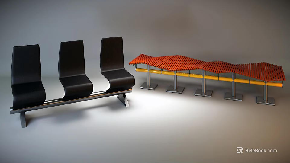 Modern Outdoor Chairs With Black Seats And Orange Wavy Canopy Structure 3d model 