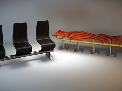 Modern Outdoor Chairs With Black Seats And Orange Wavy Canopy Structure 3d model