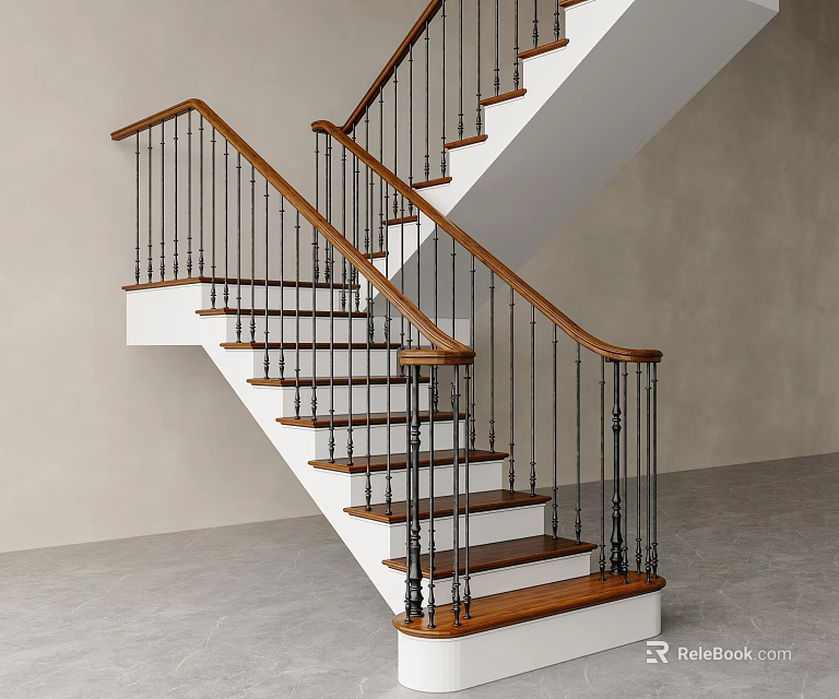 Modern Staircase Featuring Wooden Handrail Metal Balusters And Wooden Steps With Light Wall 3d model 