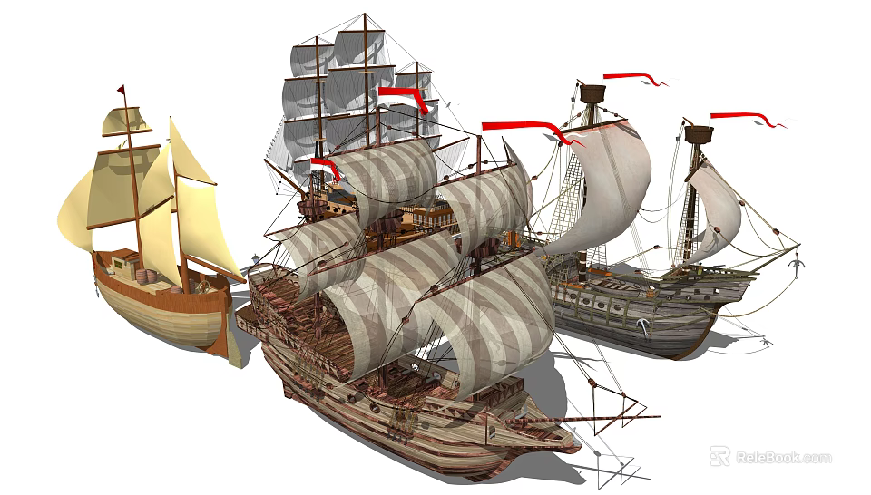 Multiple Classic Wooden Sailing Ships With Striped Sails And Tall Masts 3d model 