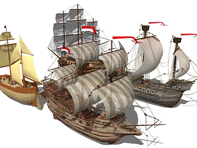 Multiple Classic Wooden Sailing Ships With Striped Sails And Tall Masts 3d model