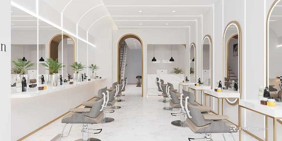 Modern Hair Salon Interior Design With Stylish Chairs Mirrors And Workstations 3d model 