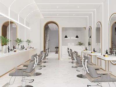Modern Hair Salon Interior Design With Stylish Chairs Mirrors And Workstations 3d model