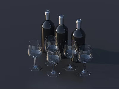 Three Black Wine Bottles And Four Transparent Wine Glasses Arranged On Dark Background 3d model