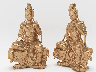 Golden Seated Bodhisattva Sculpture Carving with Intricate Robes Headdress and Lotus Base Holding Items 3d model