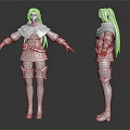 White Haired Female Character 3D Model With Green Brown Outfit Front Back Views
