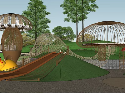 Fun Children's Playground With Mushroom Shaped Shelters Slide And Climbing Nets On Green Grass 3d model