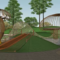 Fun Children's Playground With Mushroom Shaped Shelters Slide And Climbing Nets On Green Grass