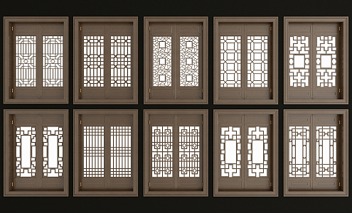 Chinese style flower window solid wood lattice flower window combination 3d model