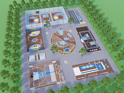 Outdoor Football Field Complex With Surrounding Trees And Basketball Courts 3d model