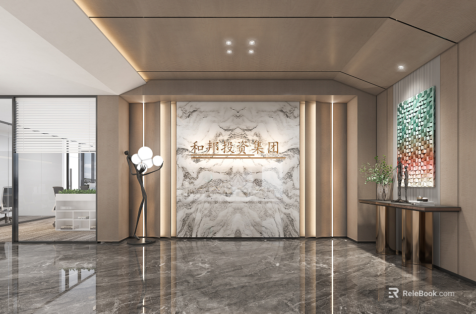 Modern Front Desk Reception Interior Design With Marble Wall Lighting And Company Logo 3d model 