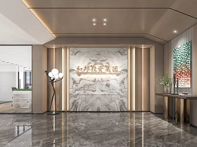 Modern Front Desk Reception Interior Design With Marble Wall Lighting And Company Logo 3d model