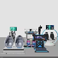 Diverse VR Gaming Equipment Including Headsets Chairs And Multi Screen Consoles