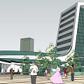 Modern Commercial Complex Featuring Parking Lot Plaza Green Areas And Urban Roads