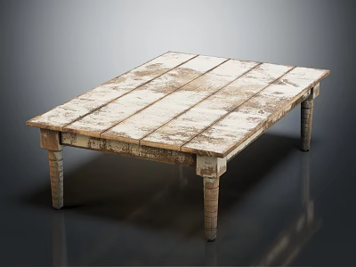 Rustic Wooden Coffee Table with Distressed Surface and Tapered Vintage Legs 3d model