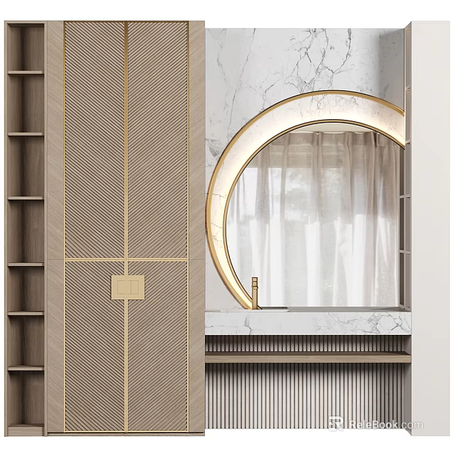 Modern Luxury Wardrobe With Wood Grain Lines And Round Mirror Marble Countertop 3d model 