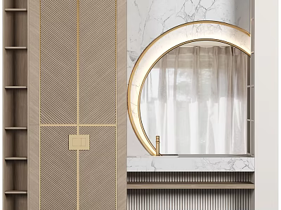 Modern Luxury Wardrobe With Wood Grain Lines And Round Mirror Marble Countertop 3d model