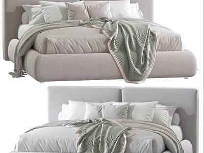 Modern Cozy Double Bed With Soft White Pillows Grey Blanket And Upholstered Headboard 3d model