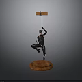 Woman Statue In Cat Ear Headwear Single Leg Stance Holding Hanging Tool On Round Base