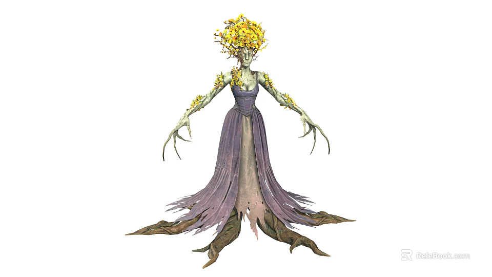 Mythical Plant Based Game Character Featuring Yellow Floral Crown Purple Gown and Root Limbs 3d model 