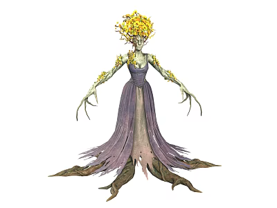 Mythical Plant Based Game Character Featuring Yellow Floral Crown Purple Gown and Root Limbs 3d model