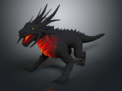 Black Dragon Creature With Glowing Red Chest Sharp Spikes Open Mouth And Sharp Teeth 3d model