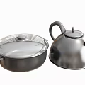 Silver Metal Cookware Set With Covered Pot And Shiny Kettle For Home Kitchen