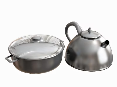 Silver Metal Cookware Set With Covered Pot And Shiny Kettle For Home Kitchen 3d model