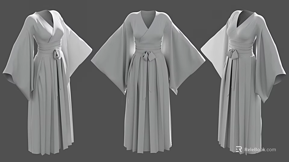 Three Elegant Gray Dresses Featuring Wide Sleeves Belted Waist And Pleated Skirt 3d model 