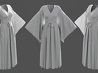 Three Elegant Gray Dresses Featuring Wide Sleeves Belted Waist And Pleated Skirt 3d model