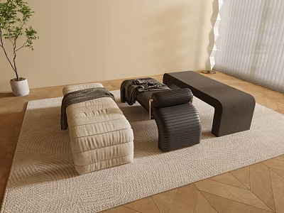 Modern Striped Beige Black Sofa Long Coffee Table Set in Living Room with Carpet Plant 3d model