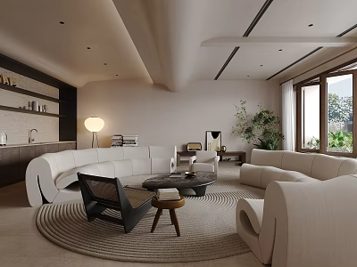 Modern Living Room Interior Design With White Sofas Black Chairs Round Rug And Green Plants 3d model